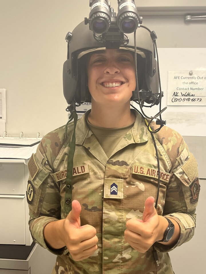 Cadet from UNL in a helicopter helmet at JBA